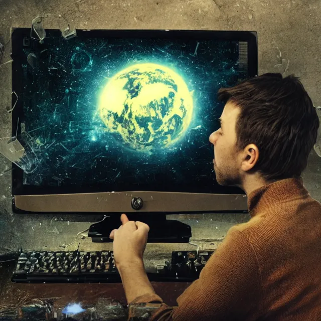 Prompt: a high resolution photo of a sad man watching the end of the universe on a vintage computer, dystopia, end of the world