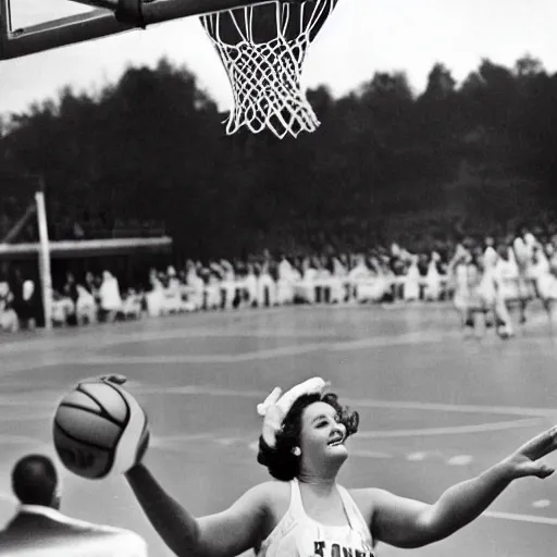 Prompt: photo of queen elizabeth ii dunking a basketball
