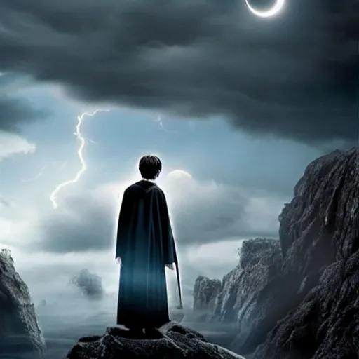 Image similar to Harry potter upright and levitating, back view, thunderclouds, cinematic shot, epic scale, waving robe photorealistic detail and quality, movie still, nighttime, crescent moon, sharp and clear, action shot, intense scene, visually coherent, symmetry, rule of thirds, movement, vivid colors, award winning, directed by Steven Spielberg, Christopher Nolan, Tooth Wu, Asher Duran, Greg Rutkowski