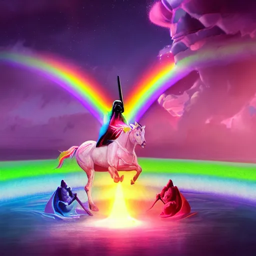 Prompt: beautiful matte painting, rainbow colored pink pink darth vader wearing pink wearing pink, riding a unicorn, riding a unicorn, riding a one-horned unicorn over a glittering rainbow, in psychedelic space, by lisa frank and dan mumford, octane render, HDR, vivid color, volumetric lighting, unreal engine, concept art, CGsociety, trending on artstation