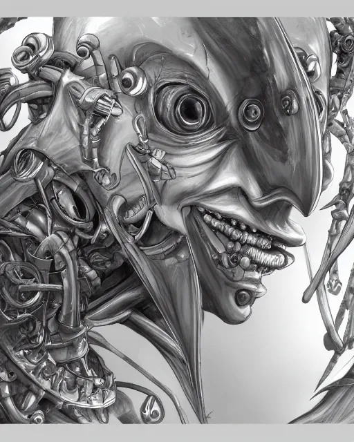 Image similar to jester, joker by yoshitaka amano, by masamune shirow, biomechanical, profile portrait, 4 k, wide ayes, hyper detailed, hyperrealism, anime