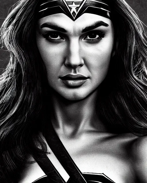 Prompt: tired angry wonderwoman portrait hd sharp monochrome technoir photo with mix of gal Gadot and Linda Carter in frank Miller Alex Ross style detailed trending on artstation Leica Zeiss depth of field