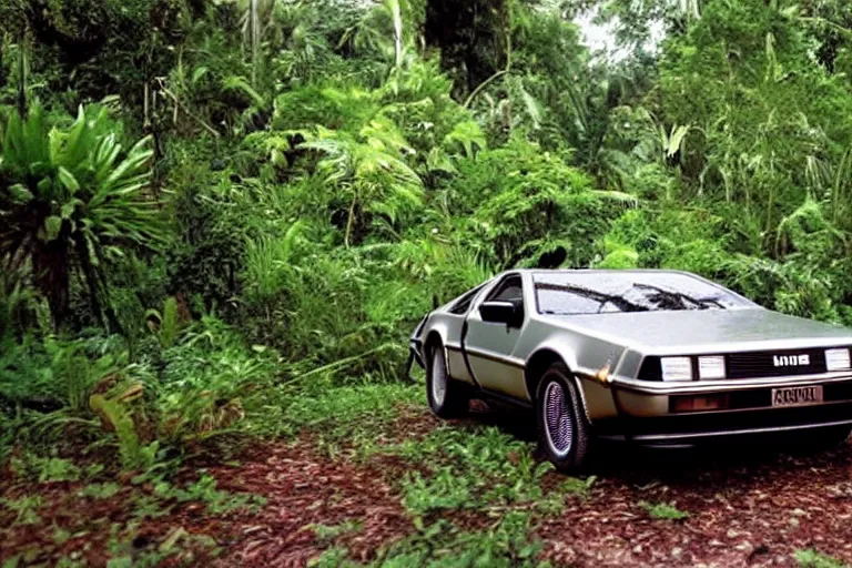 Prompt: movie scene where marty is flying the delorean trough a jungle of lush green trees