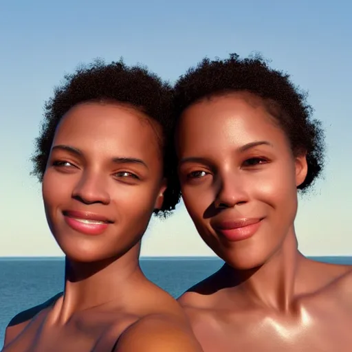 Prompt: beautiful serene intricate portrait of identical twins, one is black and one is white, taking a selfie, smiling softly, relaxing on the beach, golden hour, soft focus, 8 k, art by irakli nadar, hyperrealism, hyperdetailed, ultra realistic