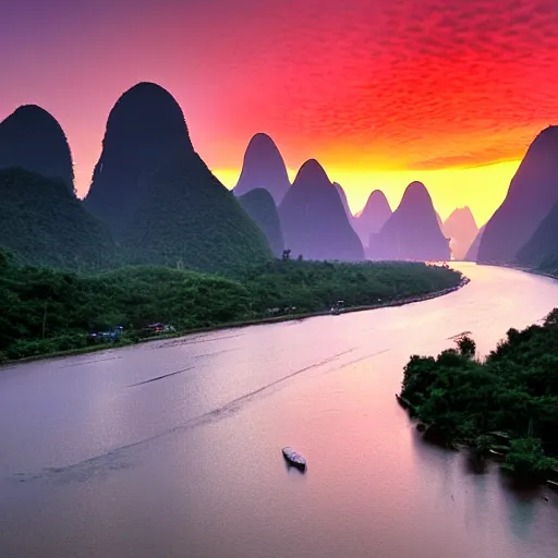 Prompt: a beautiful HDR photograph of the Li River in Southern China at sunset, saturated orange tone, award-winning photograph