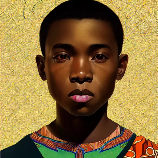 Image similar to colourful upper half portrait of an african boy - in japan graphic design illustration style, art by hsiao - ron cheng & alphonse mucha, highly detailed, digital painting, illustration, smooth, sharp focus, intricate, symmetry, pinterest, behance,