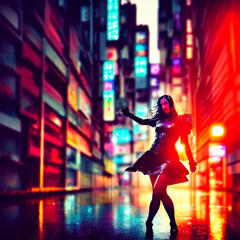 Image similar to a photo close up cyberpunk woman dancing in the rain, cyberpunk hiroshima, prefecture streets, sunset, photorealistic, cinematic lighting, highly detailed, bokeh, style by tomino - sama