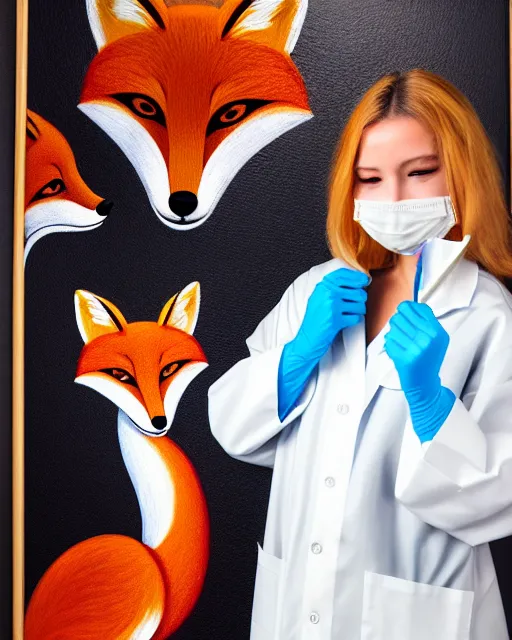 Image similar to photorealistic photo of anthropomorphic female fox animal dressed in labcoat, surgical mask covering mouth, putting on surgical gloves, fox animal, hospital in background, oil painting, 8 5 mm f / 1. 4