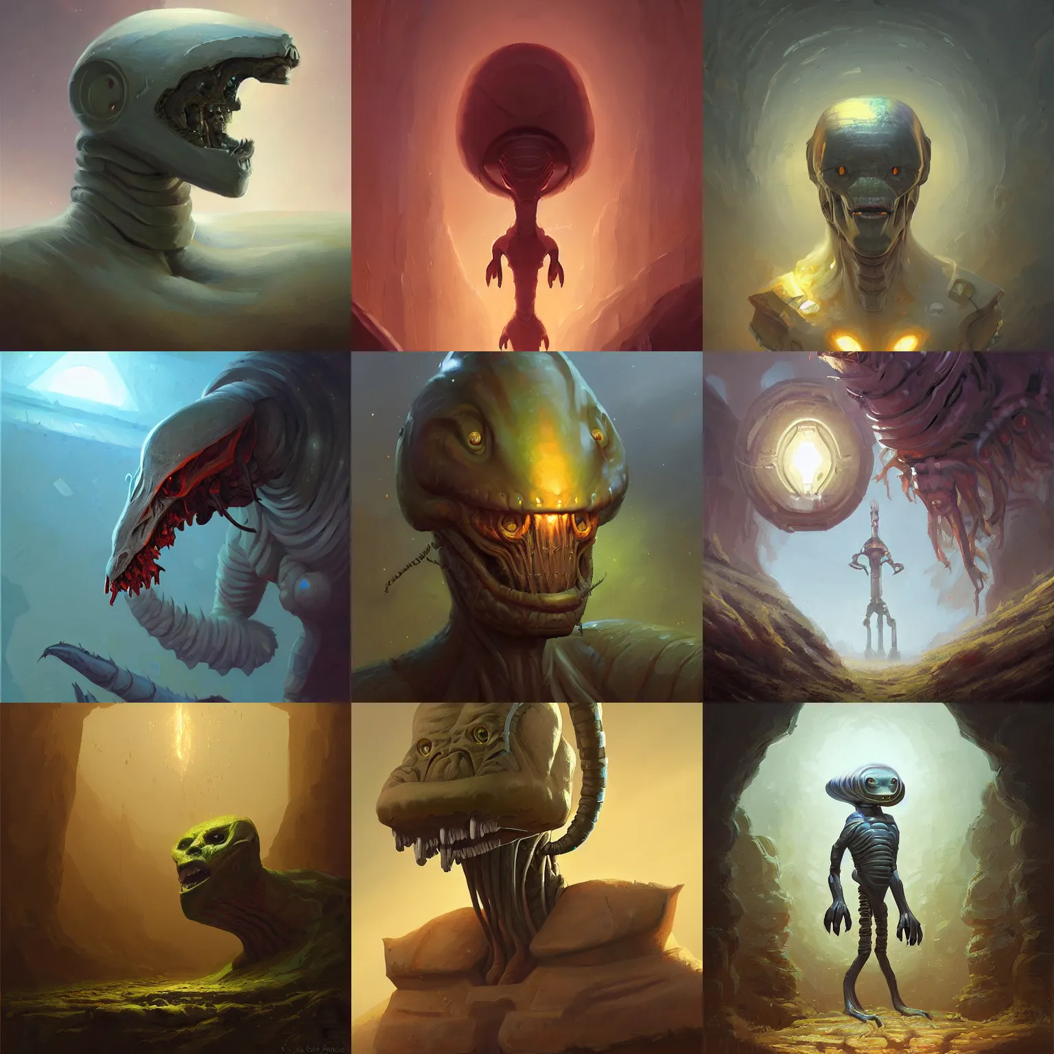 Prompt: portrait of nonhuman extraterrestrial lifeform, three quarter view, intelligent, dramatic lighting, painted by andreas rocha