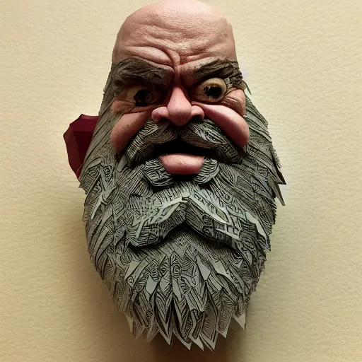 Image similar to cut paper sculpture of grumpy dwarf