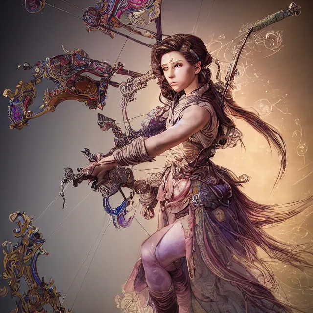 Image similar to the portrait of lawful neutral semi - colorful female archer huntress as absurdly beautiful, gorgeous, elegant, young woman, an ultrafine hyperdetailed illustration by kim jung gi, irakli nadar, intricate linework, bright colors, octopath traveler, final fantasy, unreal engine 5 highly rendered, global illumination, radiant light, detailed and intricate environment