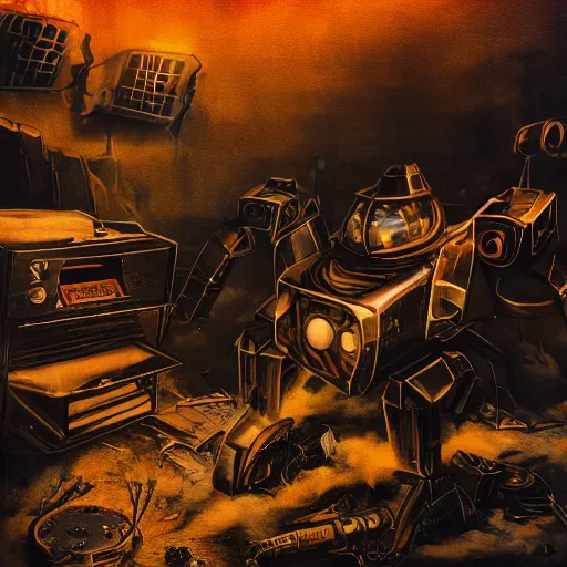 Image similar to head of toaster oven mecha, dark messy smoke - filled cluttered workshop, dark, dramatic lighting, orange tint, cinematic, highly detailed, sci - fi, futuristic, movie still