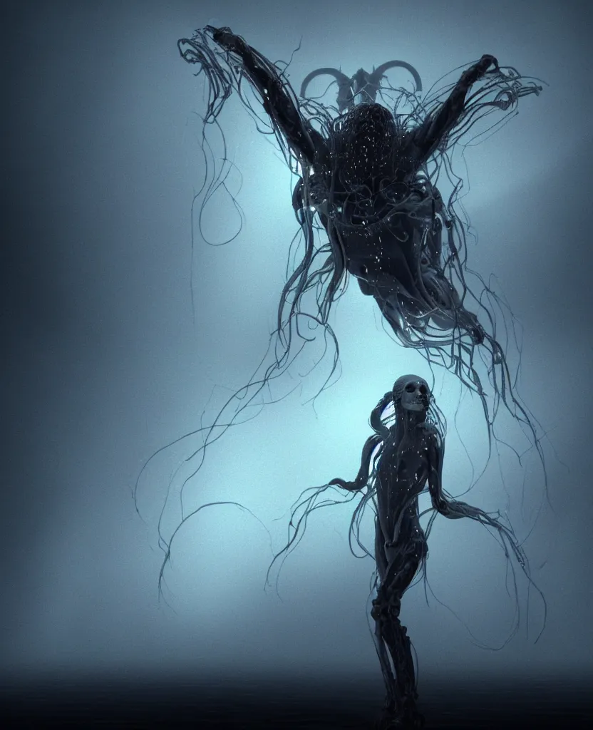 Prompt: Blake (The Fog - John Carpenter), epic angle and pose, symmetrical artwork, 3d with depth of field, blurred background, cybernetic jellyfish female face skull phoenix bird, translucent, nautilus, energy flows of water and fire. a highly detailed epic cinematic concept art CG render. made in Maya, Blender and Photoshop, octane render, excellent composition, cinematic dystopian brutalist atmosphere, dynamic dramatic cinematic lighting, aesthetic, very inspirational, arthouse. y Greg Rutkowski, Ilya Kuvshinov, WLOP, Stanley Artgerm Lau, Ruan Jia and Fenghua Zhong