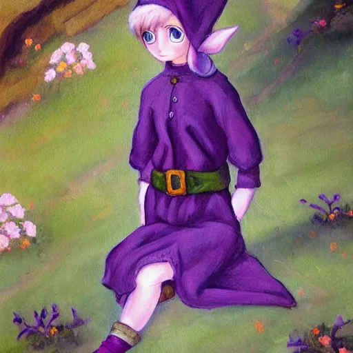 Image similar to little elf tomboy, purple tunic, soft hair. light color palate, detailed soft painting, made in abyss art style, anatomically correct, inspired in balthus