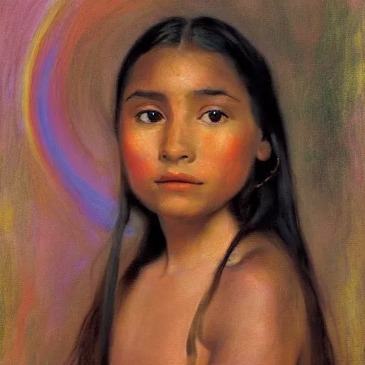 Prompt: portrait of a young beautiful native girl looking at the camera, eyes have a rainbow glow, background is a redwood forest, style of john singer sargent