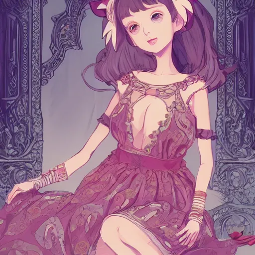 Image similar to a pretty girl with fox ears wearing an ornate dress in her castle chambers, anime key visual, lois van baarle, ilya kuvshinov, rossdraws, artstation