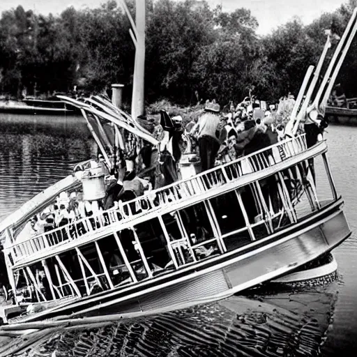 Image similar to steamboat willie sinking the mark twain riverboat at disneyland after crashing into a canoe. there are no survivors. highly detailed, high definition, ultra realistic