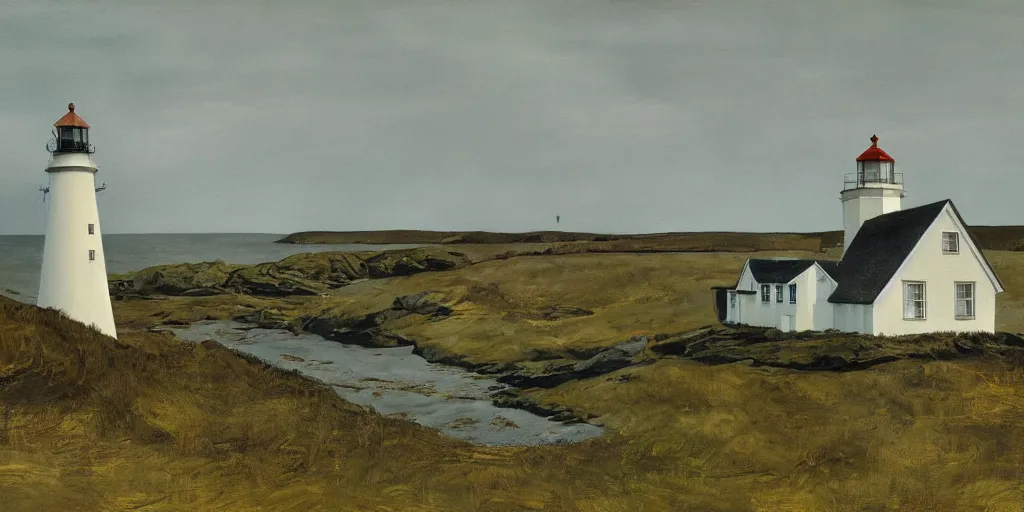 Image similar to a painting by Andrew Wyeth, lighthouse and house in front of the sea, artstation