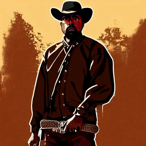 Image similar to kanye west in illustration red dead redemption 2 artwork of kanye west, in the style of red dead redemption 2 loading screen, by stephen bliss