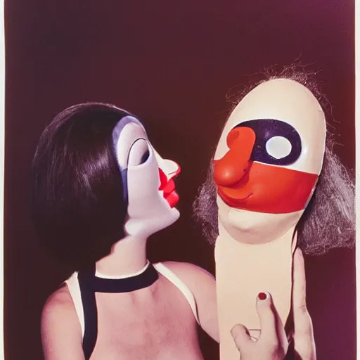 Image similar to 1970 woman wearing a mask with a long prosthetic nose long snout with nostril, prosthetic eyeballs, wearing a leotard on the hillside 1970 color archival footage color film 16mm holding a hand puppet Fellini Almodovar John Waters Russ Meyer Doris Wishman