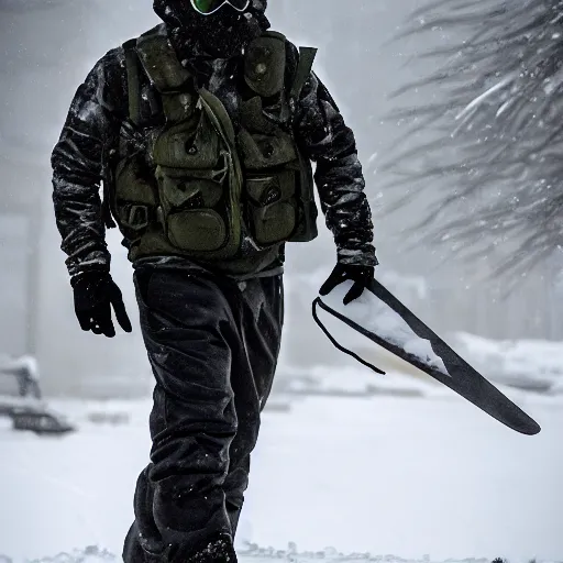 Image similar to man wearing arctic clothing, hood, ski goggles, gas mask, and a ballistic vest, in snow storm, apocalyptic.