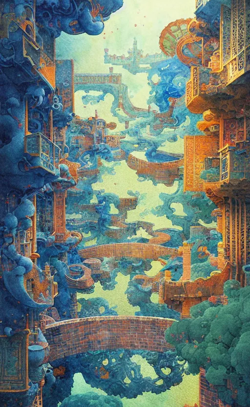 Image similar to dixit card!!!!, tiled room squared waterway, aqueducts, fantasy. intricate, amazing composition, colorful watercolor, by ruan jia, by maxfield parrish, by marc simonetti, by hikari shimoda, by robert hubert, by zhang kechun, illustration, gloomy