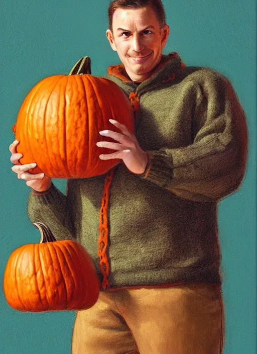 Image similar to a pumpkin wearing a sweater and holding a human head mug, highly detailed, centered, solid color background, digital painting, artstation, concept art, smooth, sharp focus, illustration, donato giancola Joseph Christian Leyendecker, Les Edwards, Ed Repka, Basil Gogos, WLOP, Artgerm