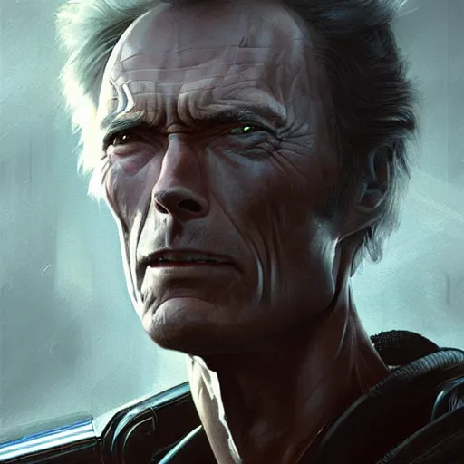 Image similar to Clint Eastwood as an android in Alien Isolation, intricate, highly detailed, digital painting, artstation, concept art, sharp focus, illustration, art by greg rutkowski and alphonse mucha