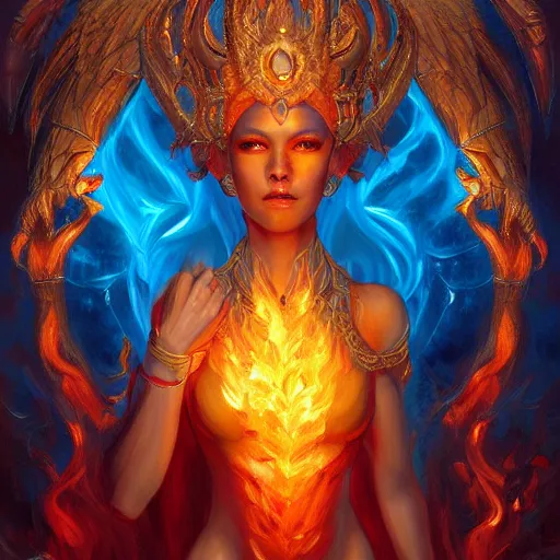 Image similar to A stunning painting of a flame goddess by Andrews Esao, fantasy, Trending on artstation.