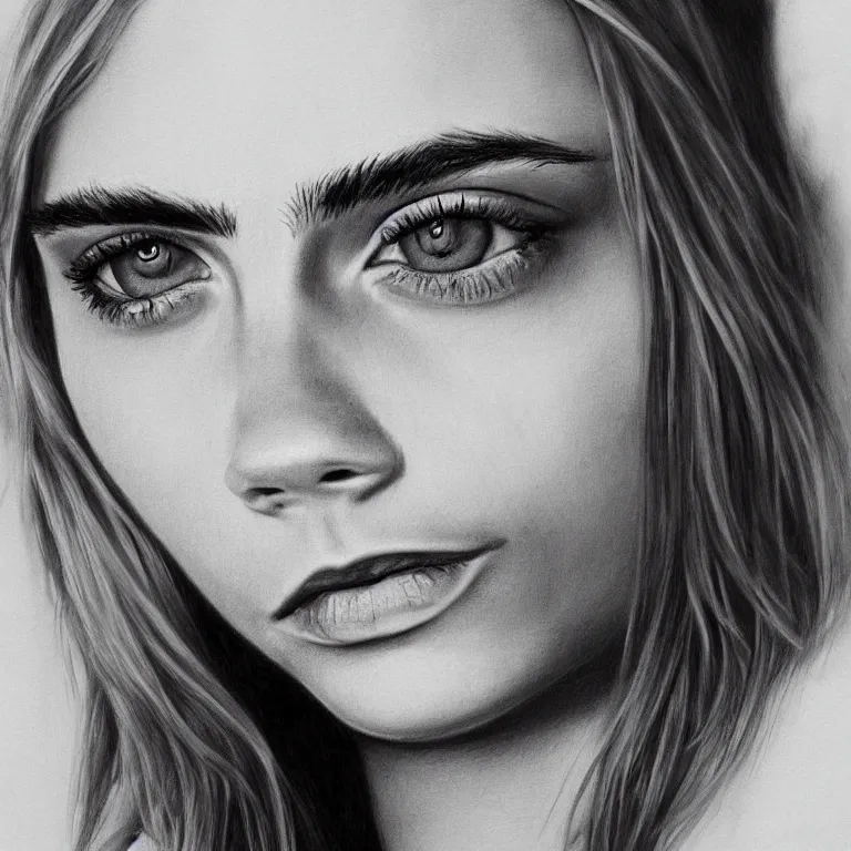 Image similar to Concept-art portrait of Cara Delevingne, photorealism, smiling face, clear eyes, pencil painting