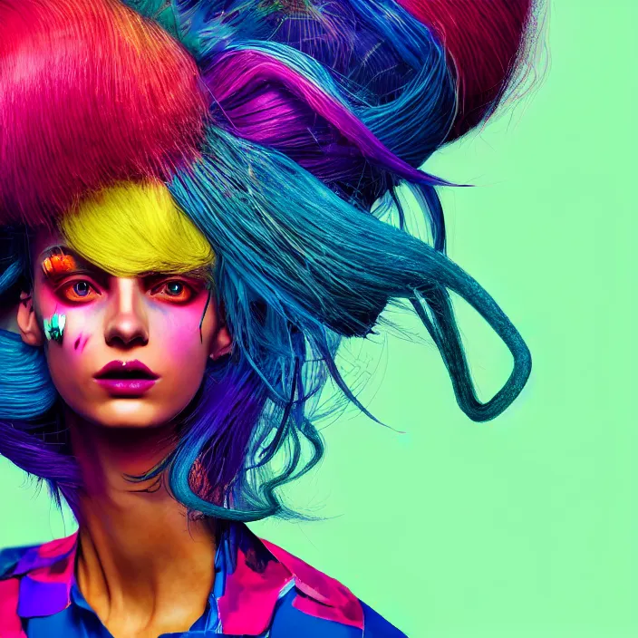 Prompt: portrait of a post modern fashion model with an exuberant surreal hair style, colorful, dynamic pose, beautiful realistic face, octane render, vray, detailed, wide angle, halftoned, editorial illustration, matte print, grainy light, ( ( dither ) ), risograph, high contrast, screen print, rich grainy texture