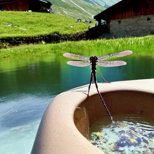 Image similar to dragonfly in a bathtub in the alps, goats!!! in background