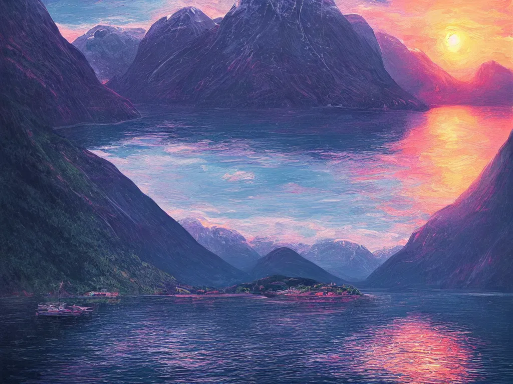 Prompt: the fjords of norway by alena aenami, petros afshar