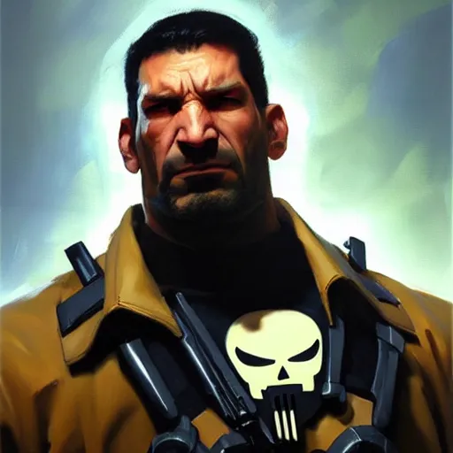 Image similar to Greg Manchess portrait painting of punisher as Overwatch character, medium shot, asymmetrical, profile picture, Organic Painting, sunny day, Matte Painting, bold shapes, hard edges, street art, trending on artstation, by Huang Guangjian and Gil Elvgren and Sachin Teng