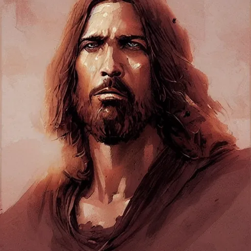 Image similar to portrait of jesus christ, tragic, military art, fantasy, hd shot, digital portrait, beautiful, artstation, comic style, by artgerm, guy denning, jakub rozalski, magali villeneuve and charlie bowater