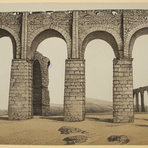 Image similar to flat primitive drawing, front view, full face, aqueduct with 4 arches