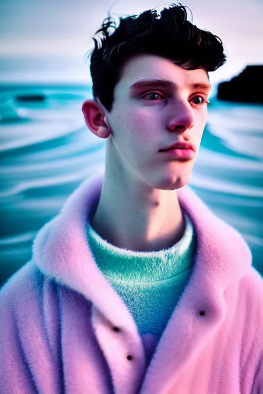 Image similar to high quality pastel coloured film mid angle portrait photograph of a beautiful young 2 0 year old male, soft features, short black hair, baggy oversized inflated clothing!!!!! icelandic black rock pool environment. atmospheric. three point light. photographic. art directed. ( pastel colours ). volumetric light. clearcoat. waves glitch. 8 k. filmic.