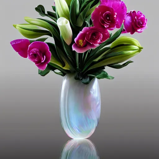 Image similar to genetically modified blend of rose lily carnation orchid ranunculus anenome, floral arrangement in futuristic!! vase made of mother of pearl, architectural digest, year 2 3 0 0