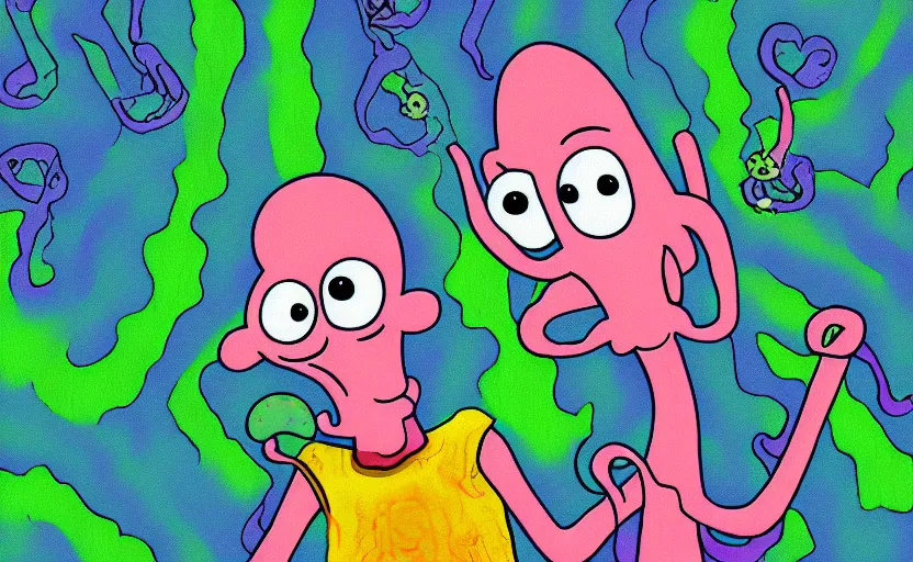 Image similar to squidward taking an acid trip, digital painting