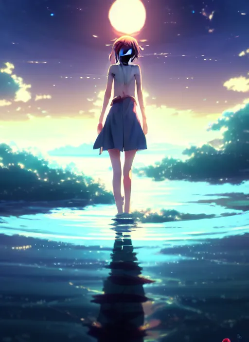 Image similar to anime girl walking on water, ripples, backdrop of dawn, saturn in the background, illustration, concept art, anime, key visual, trending pixiv fanbox by wlop and greg rutkowski and makoto shinkai and studio ghibli