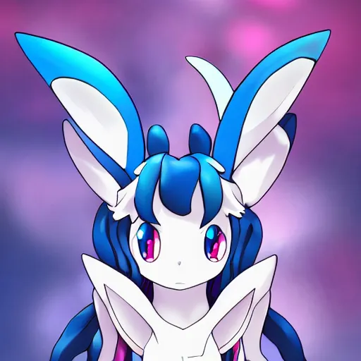 Image similar to aesthetic portrait of a shiny blue sylveon, anime style, super cute, character design, artstation, 4 k, ultra detailed digital art