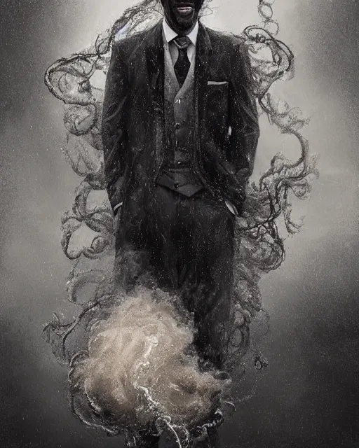 Image similar to a highly detailed portrait of black man smiling in the rain in a back tuxedo, wispy tendrils of smoke, intricate, digital painting, old english, raining, sepia, particles floating, whimsical background by marc simonetti, artwork by liam wong