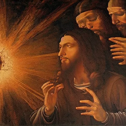 Prompt: An old renaissance painting of a Jesus above a giant explosion in the Vietnam War by Leonardo da Vinci.