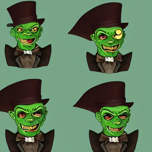 Prompt: a cartoonishly evil goblin, supervillain, top hat and luxurious moustache, green skin, cartoon style, d & d character portrait, victorian clothing, digital art, 8 k,