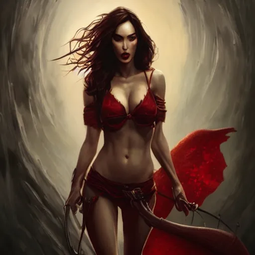 Prompt: portrait of megan fox, sexy muscular upper body, blood red eyes, vampire fangs, fantasy, intricate, elegant, highly detailed, digital painting, artstation, concept art, matte, sharp focus, illustration, art by aenaluck and roberto ferri and greg rutkowski, epic fantasy, digital painting