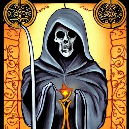 Image similar to tarot card, grim reaper, fantasy art