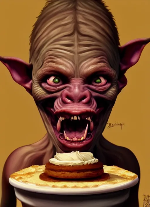 Image similar to portrait of a medieval goblin eating cakes beautiful face hyper realistic highly detailed digital painting artstation illustration co