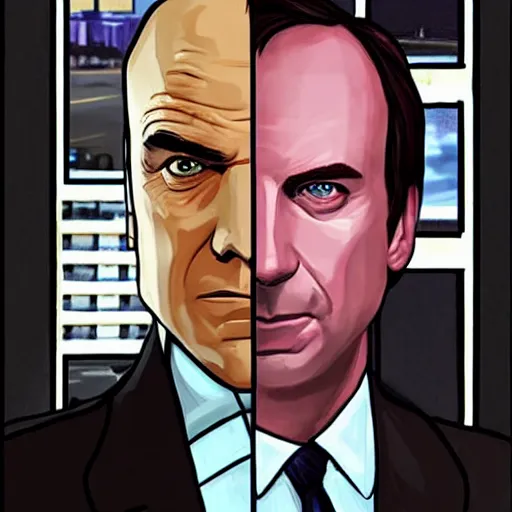 Image similar to Saul Goodman from Better Call Saul as a GTA character portrait, Grand Theft Auto, GTA cover art