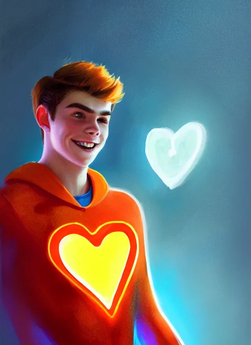 Image similar to friendly teenage archie andrews wearing an orange superhero costume with heart logo, heart, freckles, blue cape, heart emblem on chest, blue cape, intricate, elegant, glowing lights, highly detailed, digital painting, artstation, sharp focus, illustration, art by wlop, mars ravelo and greg rutkowski