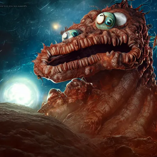 Image similar to eldritch horror bloody garfield in space, hd, 8 k, giant, epic, realistic photo, unreal engine, stars, prophecy, powerful, cinematic lighting, destroyed planet, debris, violent, sinister, ray tracing, dynamic, epic composition, dark, horrific, teeth, grotesque, monochrome drawing, hellscape